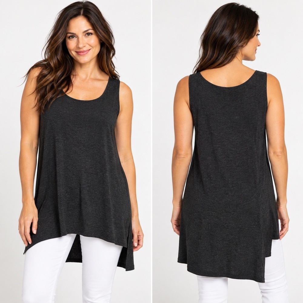Eileen Fisher Charcoal Gray Viscose Blend High Low Tank Tunic Top Medium